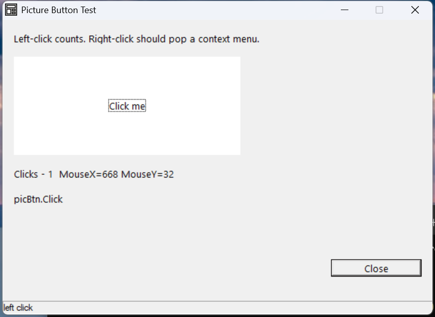 A large picture button labelled 'Click me', with a readout 'Clicks - 1 MouseX=668 MouseY=32'.