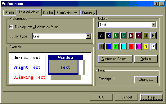 Text mode preferences dialog