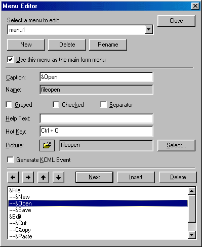 Menu editor dialog